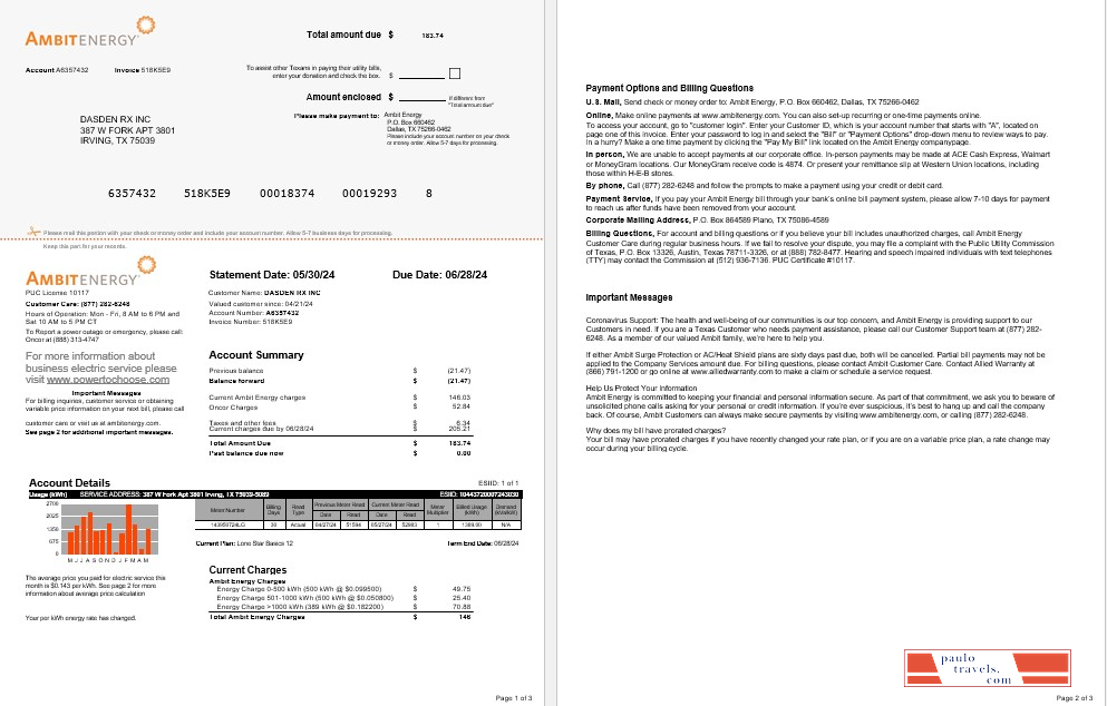 USA Ambit Energy business utility bill Word and PDF template 1 2 PSD template